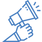 A blue pixel art picture of a hand holding a megaphone.