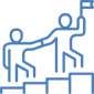 A blue and green pixel art of two people climbing stairs.